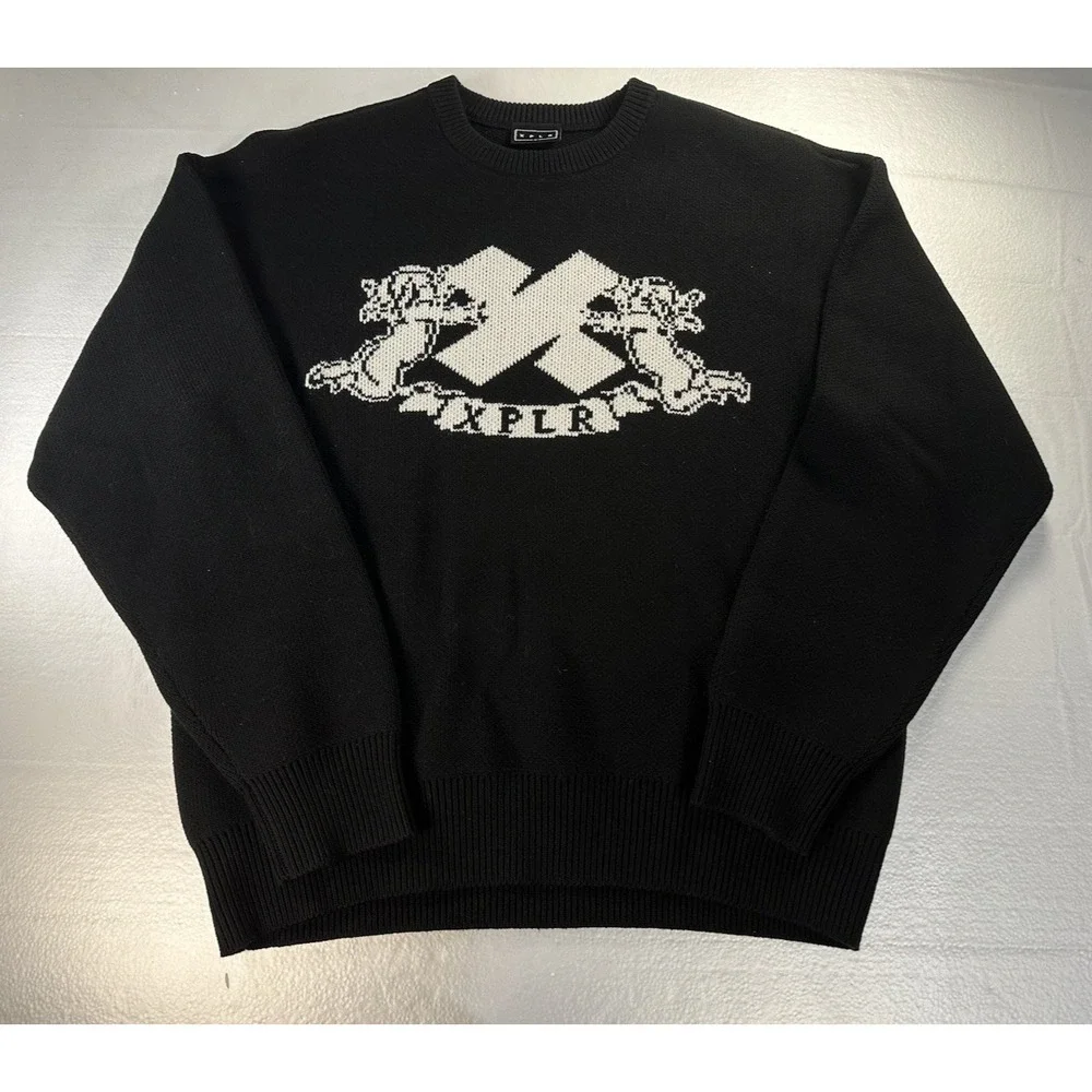 XPLR Mens Knit Cherub Sweater Medium Black White‎ Heavy Pullover